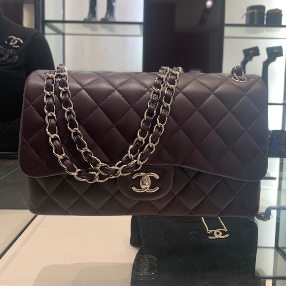 CHANEL 2020 QUILTED LAMBSKIN CLASSIC JUMBO DOUBLE FLAP BAG - EGGPLANT - Picture 3 of 11